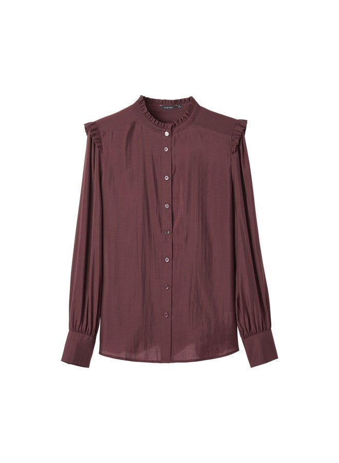 Yanyee Elegant French Style Women's Blouse Early Autumn Long Sleeve Shirt Lace Stand Collar White Shirt Wine Red Xl/42 - Image 4