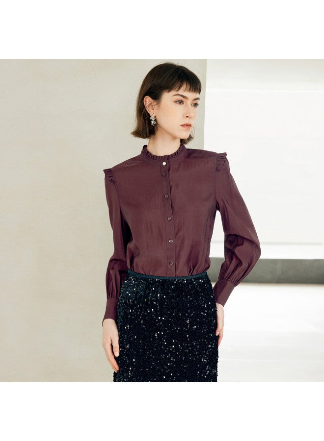 Yanyee Elegant French Style Women's Blouse Early Autumn Long Sleeve Shirt Lace Stand Collar White Shirt Wine Red Xl/42 - Image 1