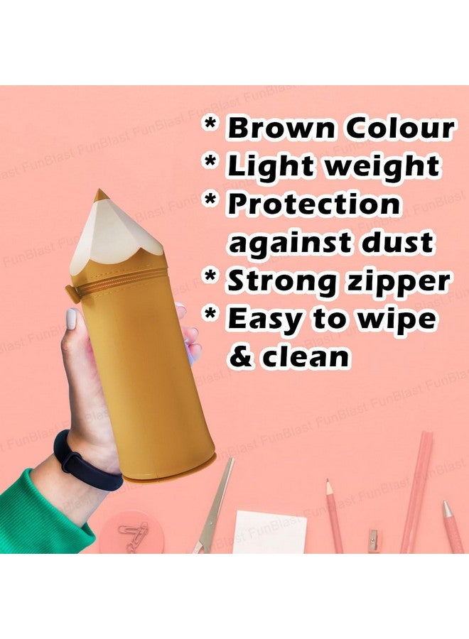 فنبلاست حقيبة على شكل قلم رصاص من فن بلاست - حقيبة أقلام سيليكون متعددة الأغراض بسحاب، حقيبة أقلام وأقلام رصاص للوازم المدرسية، حقيبة تنظيم أدوات مكتبية للبنات (بني) - Image 3