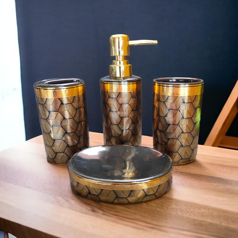 Whizzo Ceramic Intricate Design Bathroom Accessories Set Ceramic 4 Pieces Bathroom Set Soap Dispenser Toothbrush Holder Tumbler Soap Dish The Best Gifting Choice Black 807 - Image 3