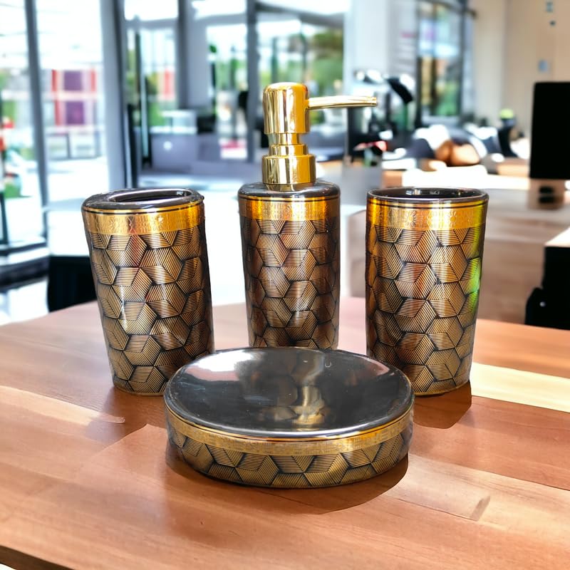 Whizzo Ceramic Intricate Design Bathroom Accessories Set Ceramic 4 Pieces Bathroom Set Soap Dispenser Toothbrush Holder Tumbler Soap Dish The Best Gifting Choice Black 807 - Image 4
