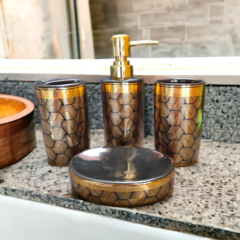 Whizzo Ceramic Intricate Design Bathroom Accessories Set Ceramic 4 Pieces Bathroom Set Soap Dispenser Toothbrush Holder Tumbler Soap Dish The Best Gifting Choice Black 807 - Image 1