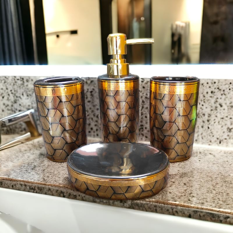 Whizzo Ceramic Intricate Design Bathroom Accessories Set Ceramic 4 Pieces Bathroom Set Soap Dispenser Toothbrush Holder Tumbler Soap Dish The Best Gifting Choice Black 807 - Image 2