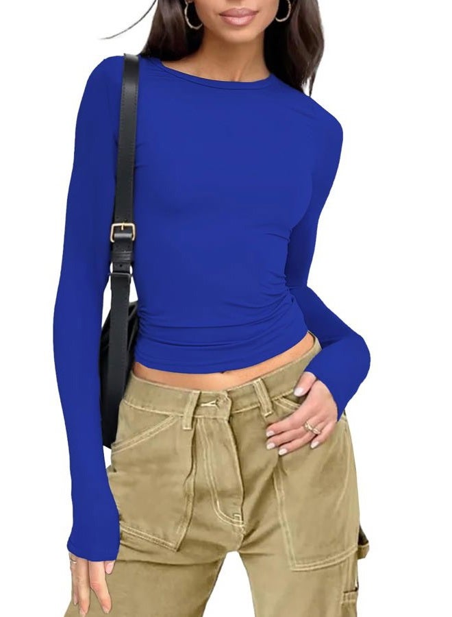 CHICGAL Womens Long Sleeve Shirts Basic Tees Y2k Slim Fit T Shirt Crew Neck Trendy Crop Top Casual, 01#royal Blue, XL - Image 1