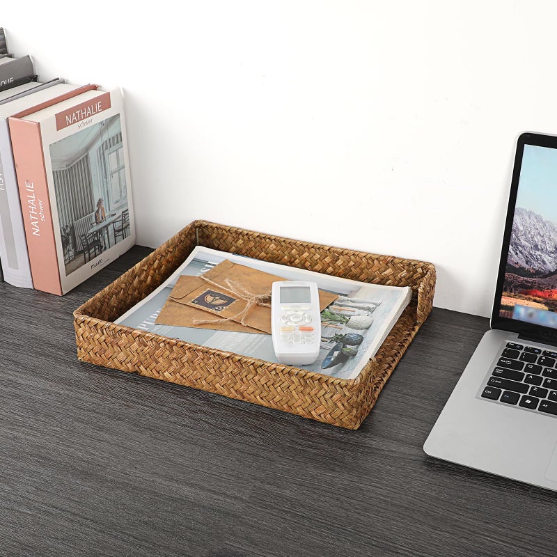BTSKY Multipurpose A4 File Tray Natural Seagrass Desk Tray Organizer Woven Letter Size Desk Documents Trays Magazine Files Storage Basket Organizer Bin for Office Cosmetics Bathroom, Caramel - Image 2