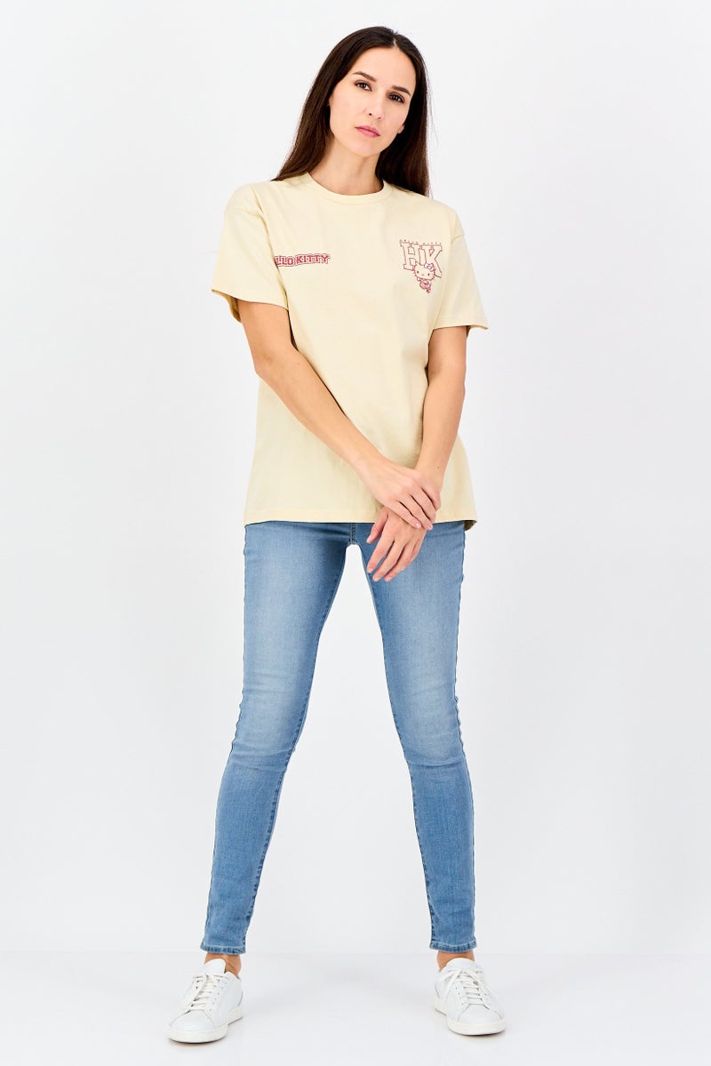 Disney Hello Kitty Women Crew Neck Short Sleeve Brand Logo T-Shirt, Beige - Image 4