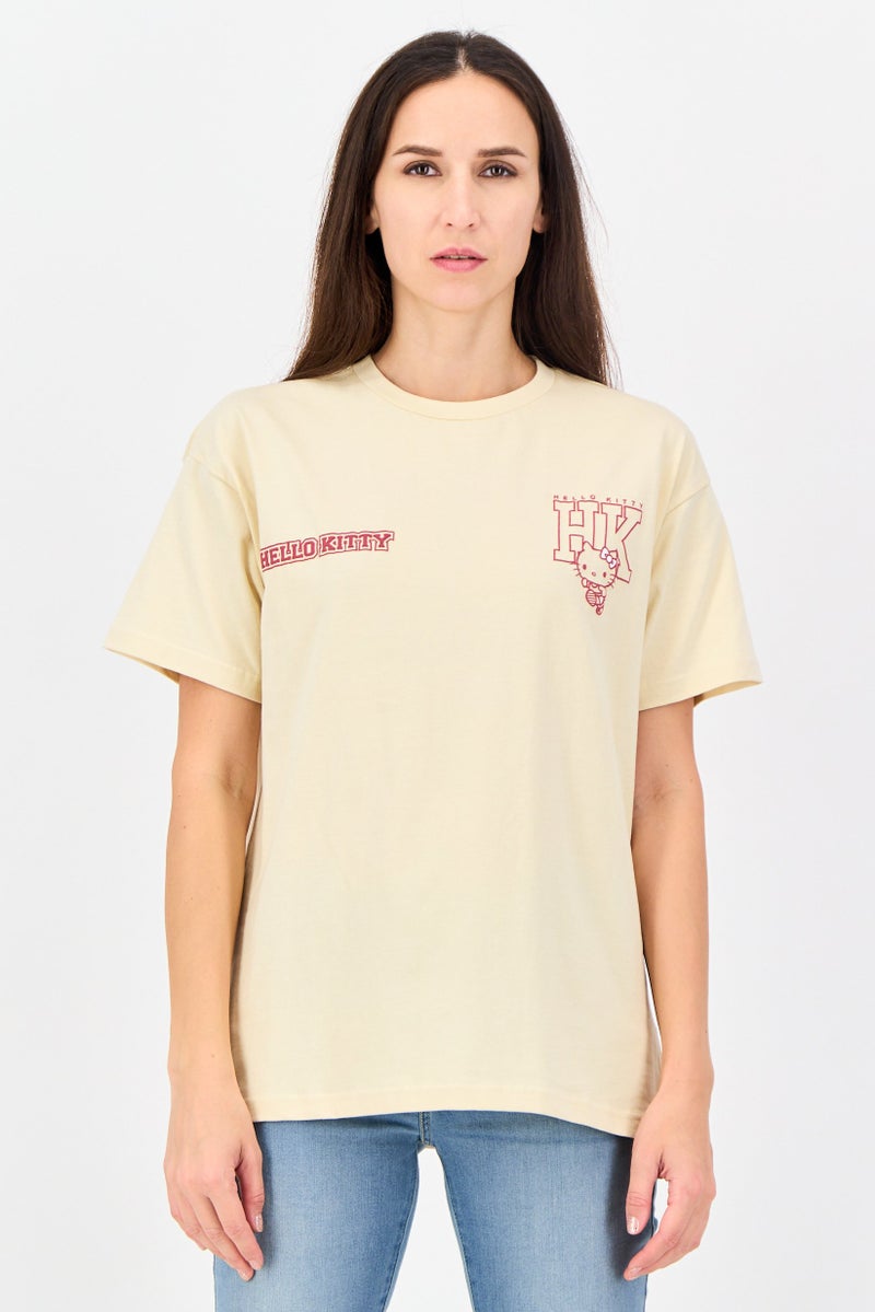 Disney Hello Kitty Women Crew Neck Short Sleeve Brand Logo T-Shirt, Beige - Image 1