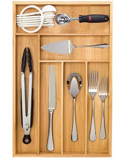 LENND Large Bamboo Kitchen Flatware Drawer Organizer Divider, Cutlery and Utensil Holder Tray with 6 Compartments  - Image 1