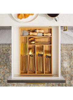 LENND Large Bamboo Kitchen Flatware Drawer Organizer Divider, Cutlery and Utensil Holder Tray with 6 Compartments  - Image 3