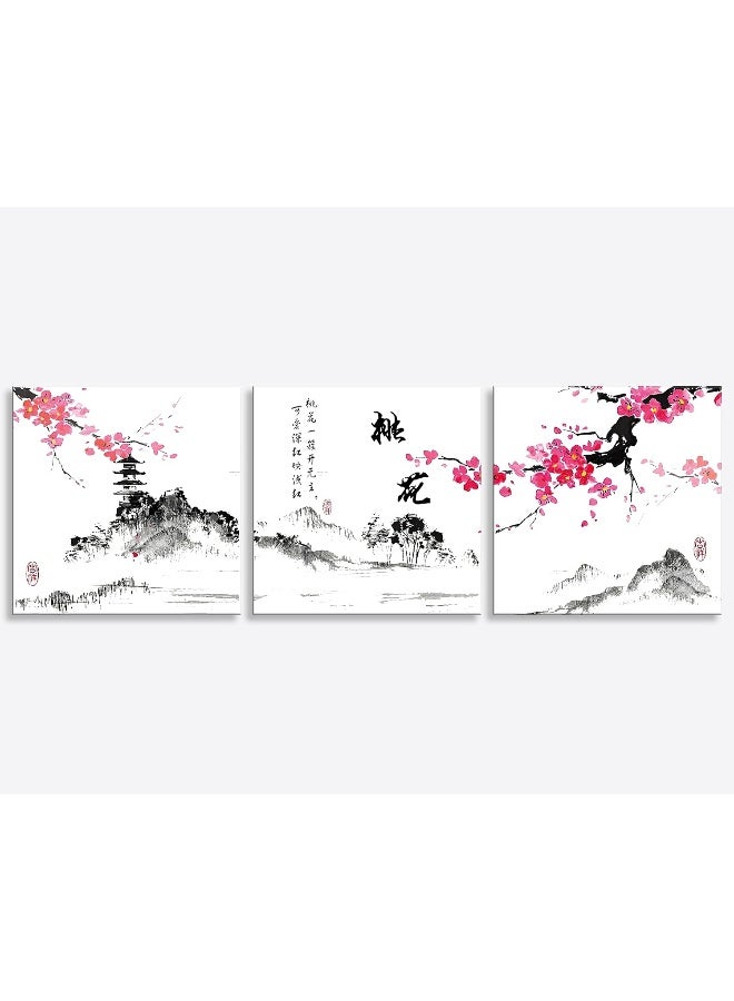 NAN Wind Small Size Traditional Chinese Painting of Peach Blossom Canvas Prints 3 Panels Calligraphy Art Paintings Wall Art Poem Print Painting Framed 20x20inches 3pcs/set - Image 2