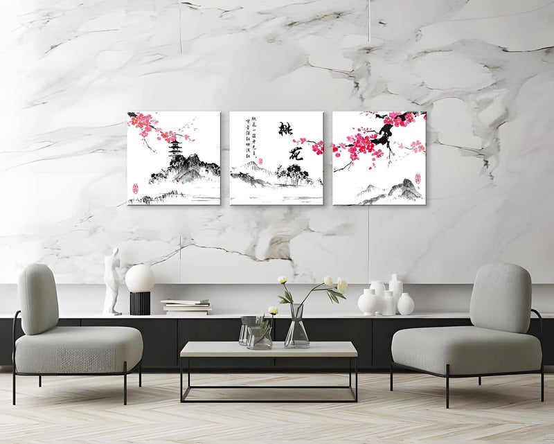 NAN Wind Small Size Traditional Chinese Painting of Peach Blossom Canvas Prints 3 Panels Calligraphy Art Paintings Wall Art Poem Print Painting Framed 20x20inches 3pcs/set - Image 4