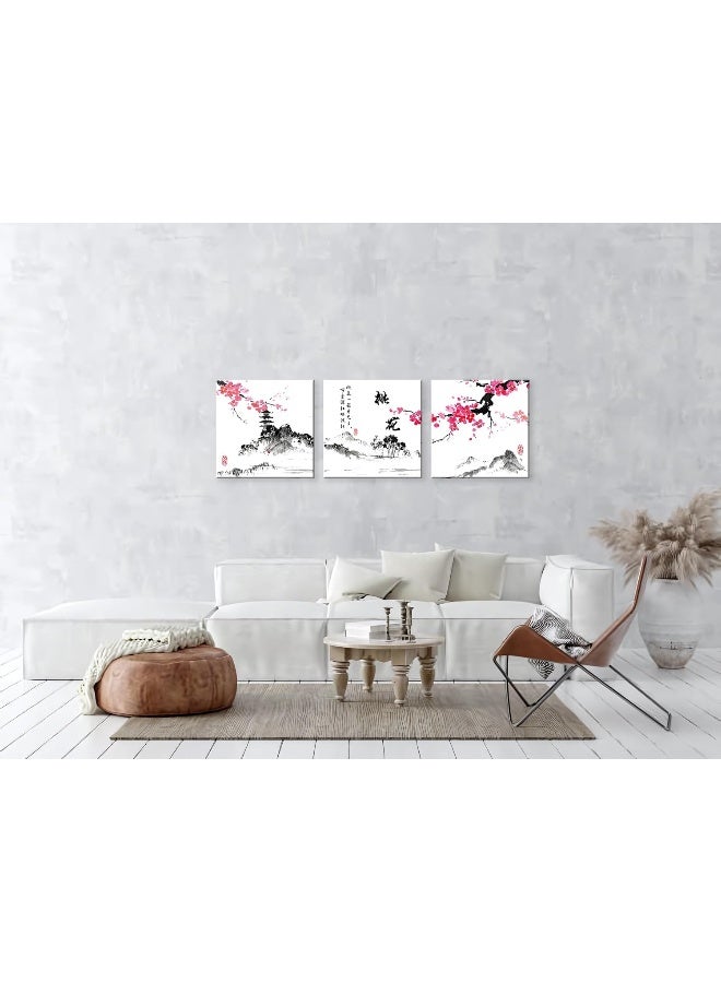 NAN Wind Small Size Traditional Chinese Painting of Peach Blossom Canvas Prints 3 Panels Calligraphy Art Paintings Wall Art Poem Print Painting Framed 20x20inches 3pcs/set - Image 5