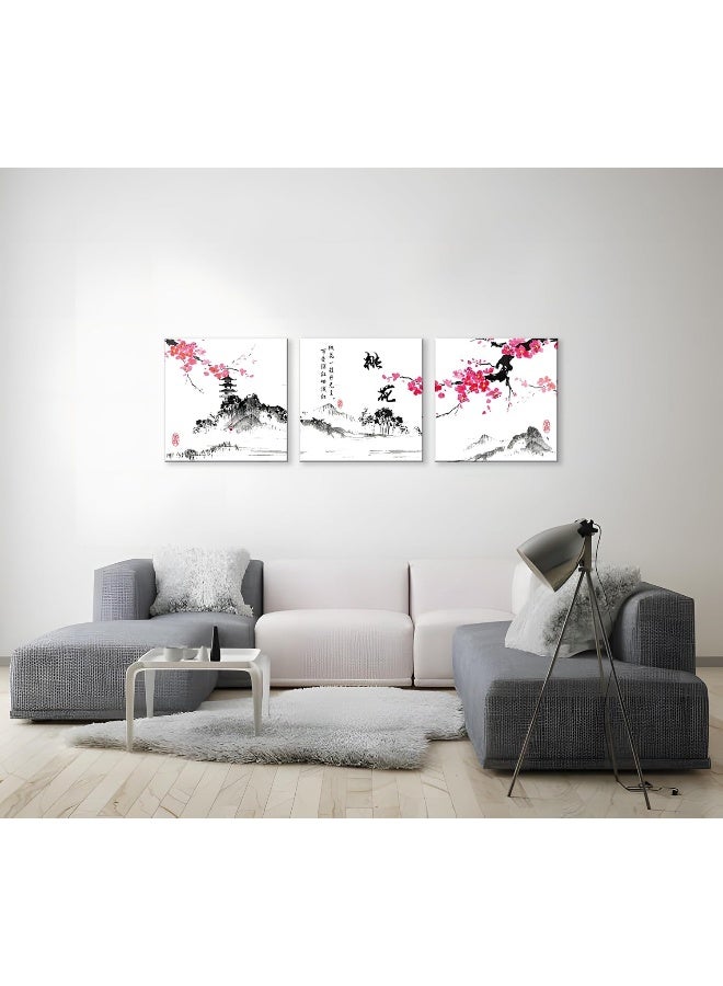 NAN Wind Small Size Traditional Chinese Painting of Peach Blossom Canvas Prints 3 Panels Calligraphy Art Paintings Wall Art Poem Print Painting Framed 20x20inches 3pcs/set - Image 3