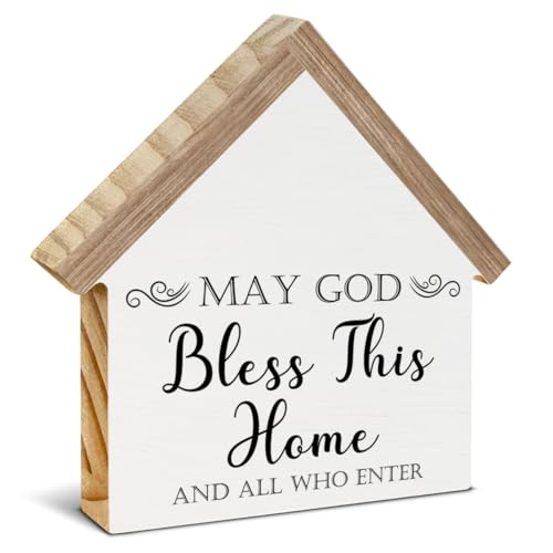 CIANMGD Christian Home Decor, May God Bless This Home House Shaped Wood Block Sign, Living Room Farmhouse Decor for Desk Table Shelf - Image 1