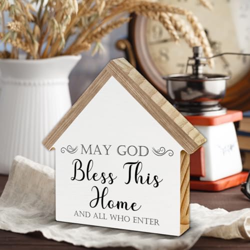 CIANMGD Christian Home Decor, May God Bless This Home House Shaped Wood Block Sign, Living Room Farmhouse Decor for Desk Table Shelf - Image 4