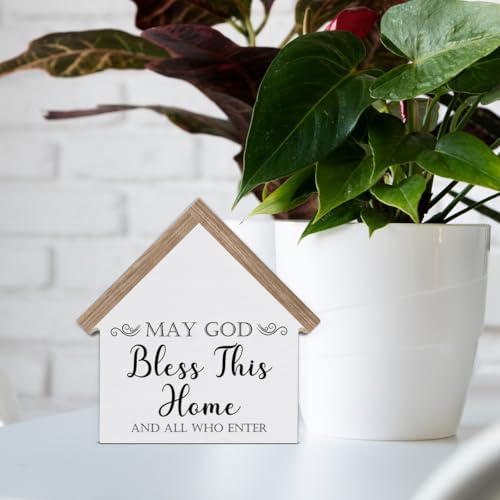 CIANMGD Christian Home Decor, May God Bless This Home House Shaped Wood Block Sign, Living Room Farmhouse Decor for Desk Table Shelf - Image 5