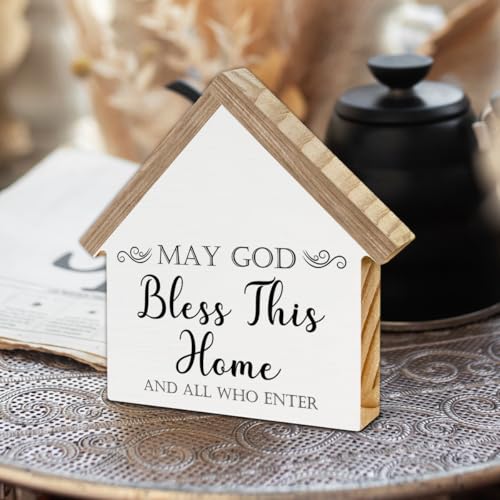 CIANMGD Christian Home Decor, May God Bless This Home House Shaped Wood Block Sign, Living Room Farmhouse Decor for Desk Table Shelf - Image 3