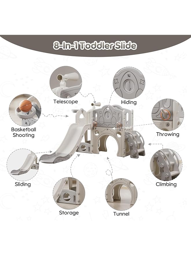 JANTENS 8 In 1 Toddler Slide Set Indoor Outdoor Slide Set With Ring Toss Basketball Hoop Tunnel And Telescope Toys Storages Kids Climber Playset Toddler Playground - Image 2