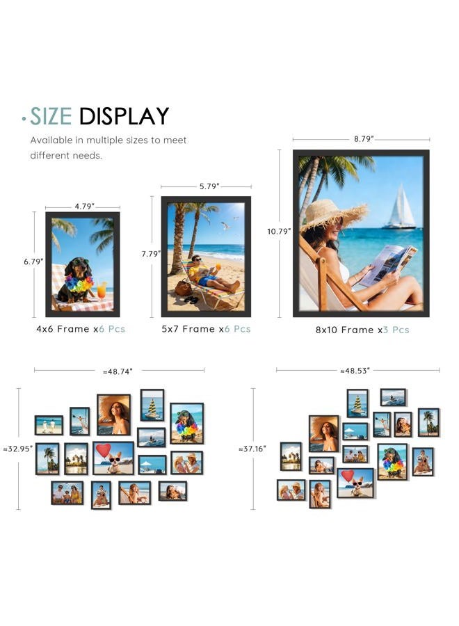 DUENPY 15 Pack Picture Frames Collage Wall Decor, Black Frame Set with 3pcs 8x10, 6pcs 5x7, 6pcs 4x6 for Gallery Display, Wall Mounting & Tabletop, Bulk Photo Frames for Living Room Decor - Image 2