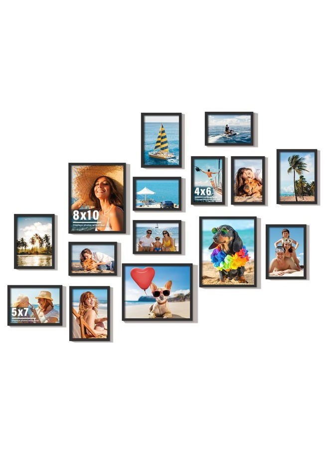 DUENPY 15 Pack Picture Frames Collage Wall Decor, Black Frame Set with 3pcs 8x10, 6pcs 5x7, 6pcs 4x6 for Gallery Display, Wall Mounting & Tabletop, Bulk Photo Frames for Living Room Decor - Image 1
