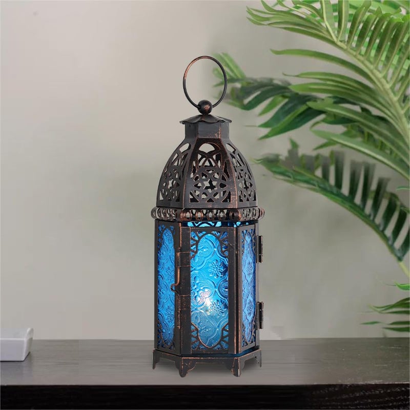 NEEDOMO Hanging Moroccan Lantern, 11'' Vintage Candle Holder, Metal Lanterns Decorative Indoor Outdoor, Table, Patio, Porch, Shelf, Gothic Home Decor (Blue, Medium Size) - Image 2