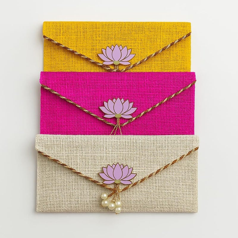 Koogly Jute Shagun Envelope for Money and Shagun Envelopes for Wedding,Birthday,Gifting For Birthdays and Functions | Multicolor|Pack of 3| - Image 1