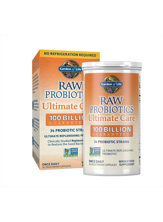 Garden of Life Raw Probiotics for Women and Men Ultimate Care 100 Billion CFU Shelf Stable Non Refrigerated Probiotic Supplement for Adults, Clinically Studied Strains, Digestive Enzymes, 30 Capsules - Image 1