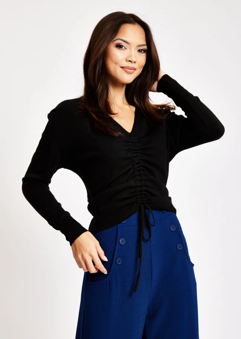 Liquorish V-Neck Top with Ruching Detail in Black