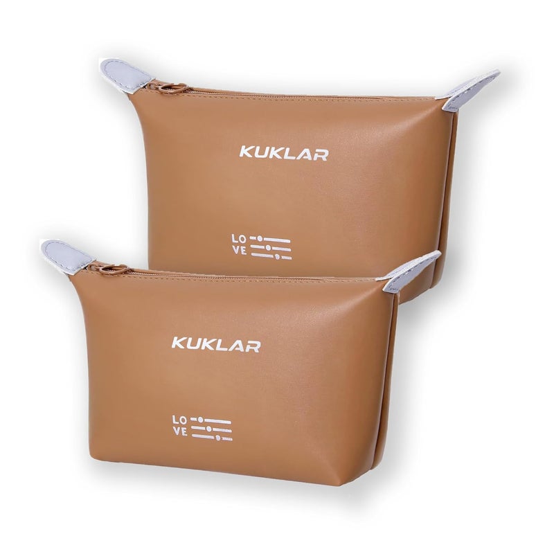 KUKLAR حقيبة كوكلار الصغيرة لمستحضرات التجميل للنساء، حقيبة مكياج مقاومة للماء للسفر، حقيبة بورتابل بسحاب، حقيبة جمالية، عبوة من 2 (بني) - Image 1