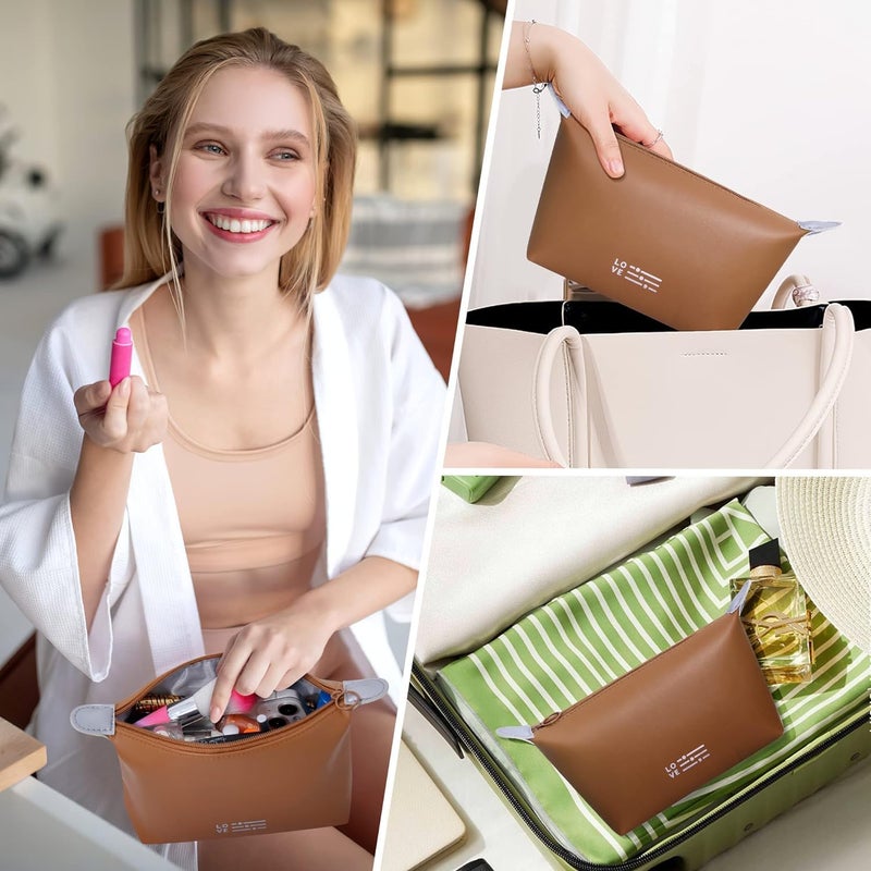 KUKLAR حقيبة كوكلار الصغيرة لمستحضرات التجميل للنساء، حقيبة مكياج مقاومة للماء للسفر، حقيبة بورتابل بسحاب، حقيبة جمالية، عبوة من 2 (بني) - Image 5