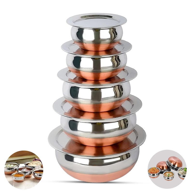 Nirvika Stainless Steel Copper Bottom Handi Cooking Serving Bowl Cookware Set of 5 Pieces with lid Capacity 05 LTR 075 LTR 1 LTR 15 LTR 2 LTR Copper Stainless Steel NonStick - Image 1