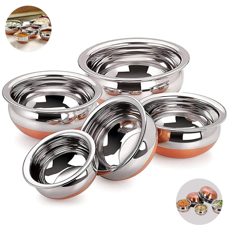 Nirvika Stainless Steel Copper Bottom Handi Cooking Serving Bowl Cookware Set of 5 Pieces with lid Capacity 05 LTR 075 LTR 1 LTR 15 LTR 2 LTR Copper Stainless Steel NonStick - Image 2