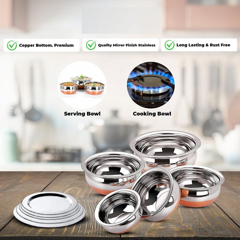 Nirvika Stainless Steel Copper Bottom Handi Cooking Serving Bowl Cookware Set of 5 Pieces with lid Capacity 05 LTR 075 LTR 1 LTR 15 LTR 2 LTR Copper Stainless Steel NonStick - Image 4