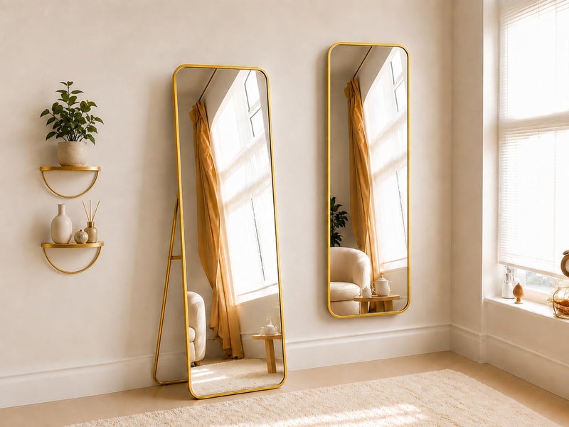 Unbreakable Full Length Mirror 160 x 40 cm, Gold Aluminum Alloy Frame, HD Shatterproof Floor Mirror, Freestanding, Leaning or Wall Mounted, Full Body Mirror (Gold Frame Rectangle Top - 160H x 40W) - Image 1