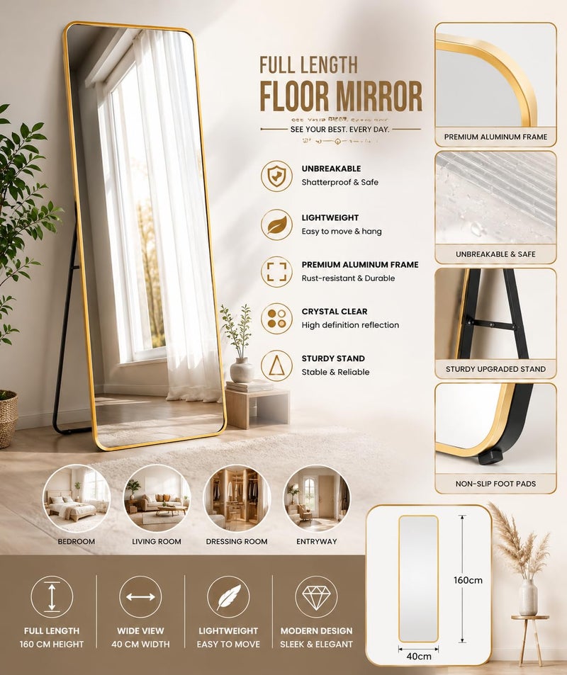 Unbreakable Full Length Mirror 160 x 40 cm, Gold Aluminum Alloy Frame, HD Shatterproof Floor Mirror, Freestanding, Leaning or Wall Mounted, Full Body Mirror (Gold Frame Rectangle Top - 160H x 40W) - Image 2