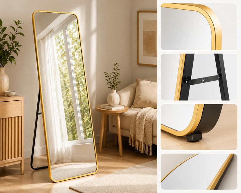 Unbreakable Full Length Mirror 160 x 40 cm, Gold Aluminum Alloy Frame, HD Shatterproof Floor Mirror, Freestanding, Leaning or Wall Mounted, Full Body Mirror (Gold Frame Rectangle Top - 160H x 40W) - Image 3