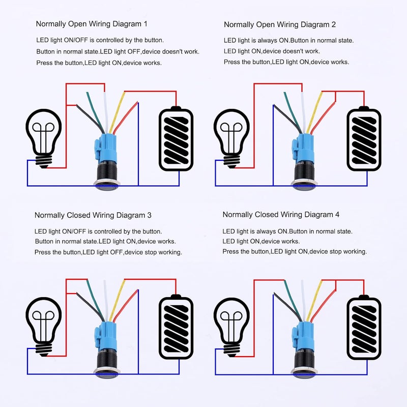 DMWD 2pcs 16mm Metal Waterproof Momentary Push Button Switch Black Shell with Harness, 12V-24V ON OFF 5Pins 1NO 1NC Halo Ring Green LED - Image 5