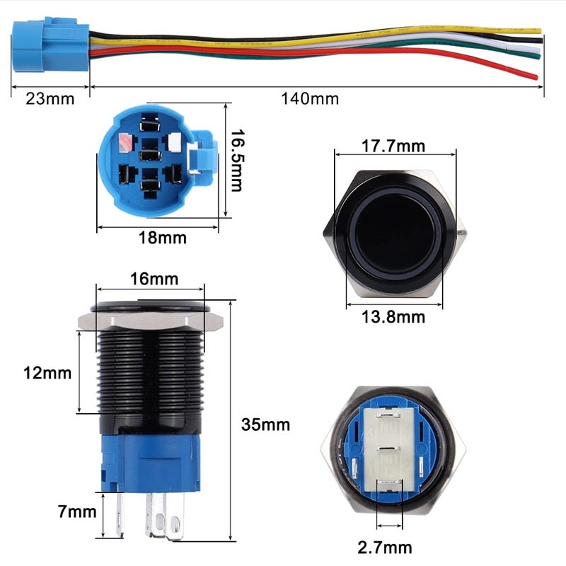 DMWD 2pcs 16mm Metal Waterproof Momentary Push Button Switch Black Shell with Harness, 12V-24V ON OFF 5Pins 1NO 1NC Halo Ring Green LED - Image 3