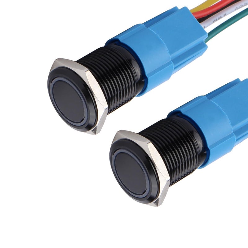 DMWD 2pcs 16mm Metal Waterproof Momentary Push Button Switch Black Shell with Harness, 12V-24V ON OFF 5Pins 1NO 1NC Halo Ring Green LED - Image 1