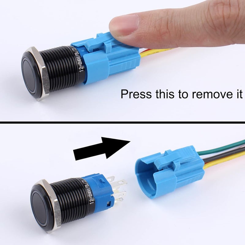 DMWD 2pcs 16mm Metal Waterproof Momentary Push Button Switch Black Shell with Harness, 12V-24V ON OFF 5Pins 1NO 1NC Halo Ring Green LED - Image 4