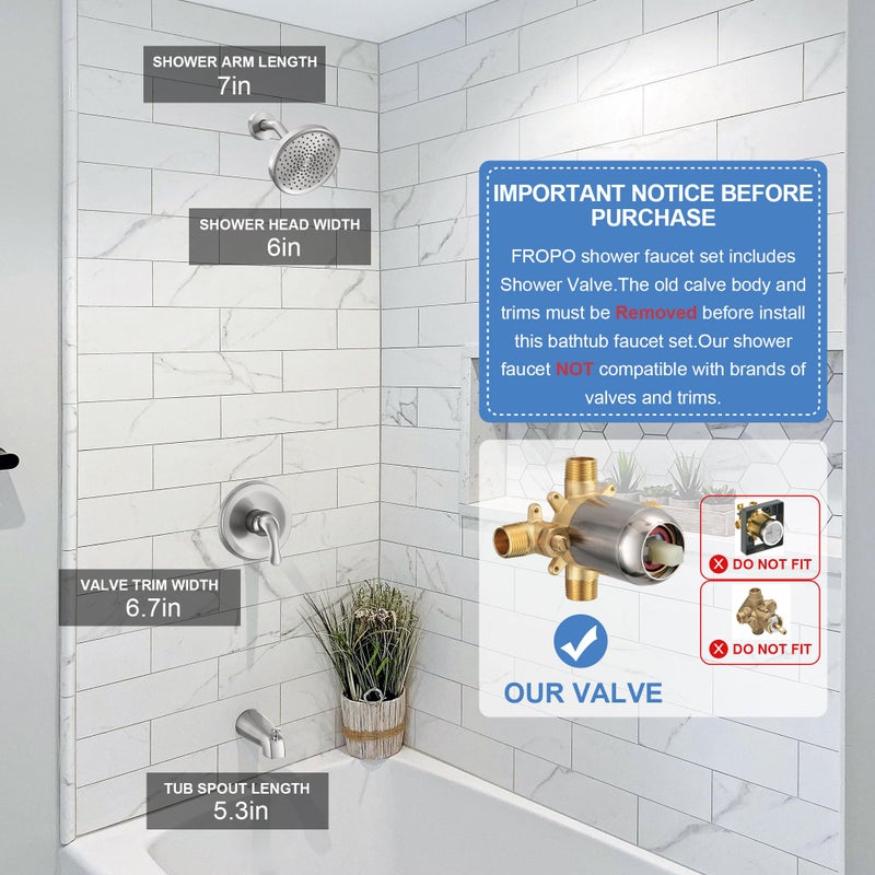 Fropo Tub Shower Faucet Set With Valve  Tub And Shower Faucet Set Complete Brushed Nickel  Single-Handle Tub And Shower Trim Kit With High-Pressure 6 Inch Rain Shower Head And Tub Spout - Image 2
