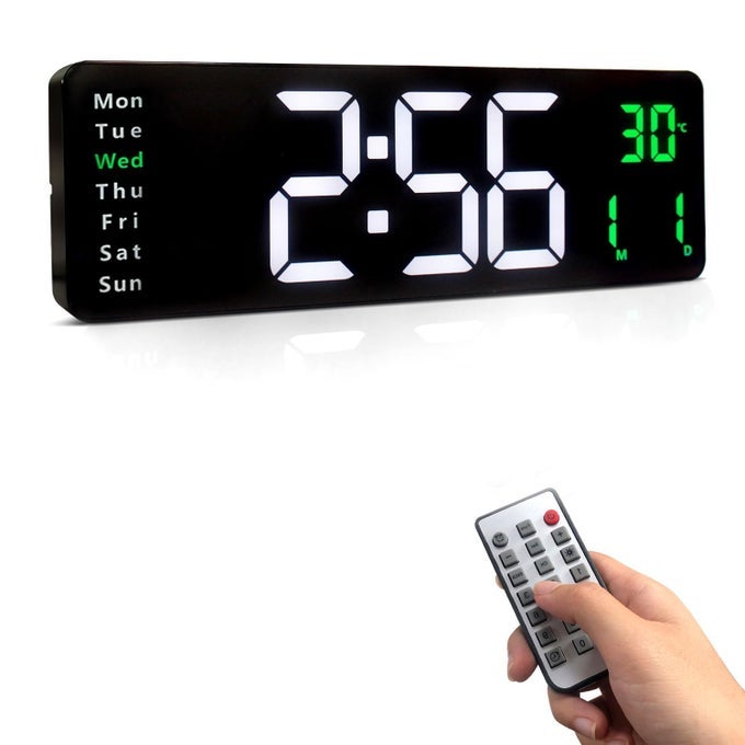 LED DIGITAL WALL CLOCK LARGE DISPLAY 162 WITH TEMPERATURE AND AUTO DIMMING EASY TRACK THE TIME DATE AND DAY OF WEEK WITH REMOTE CONTROL USE FOR HOME OFFICE CLASSROOM GREEN COLOR
