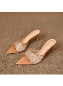 2024 New Womens Elegant High Heel Mesh Sandals With Water Diamonds One-Row Dragging Style Summer Outerwear Thin Heel light brown