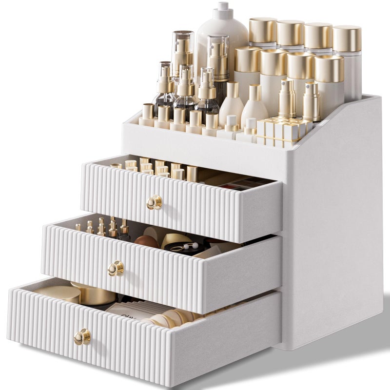 LADSTAG Vanity Organizers,Luxury Skincare Organizer with 3 Tier Drawers,Beige White Large Capacity Cosmetic Organizer Countertop for Makeup Brush,Dresser,Bedroom,Bathroom,Mom Gifts,Mom Birthday Gifts - Image 1