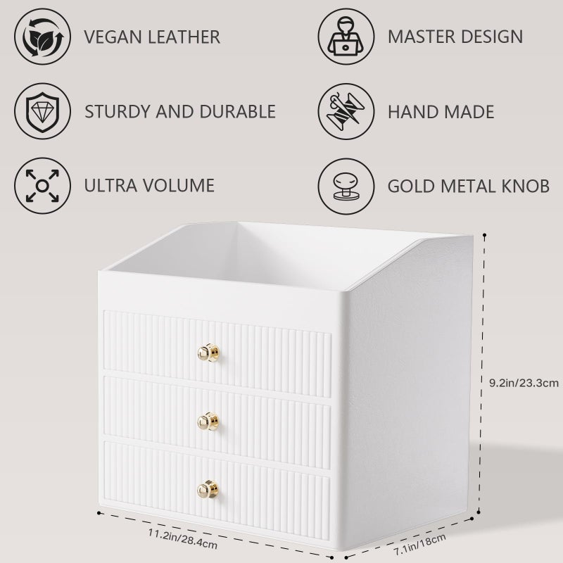 LADSTAG Vanity Organizers,Luxury Skincare Organizer with 3 Tier Drawers,Beige White Large Capacity Cosmetic Organizer Countertop for Makeup Brush,Dresser,Bedroom,Bathroom,Mom Gifts,Mom Birthday Gifts - Image 4