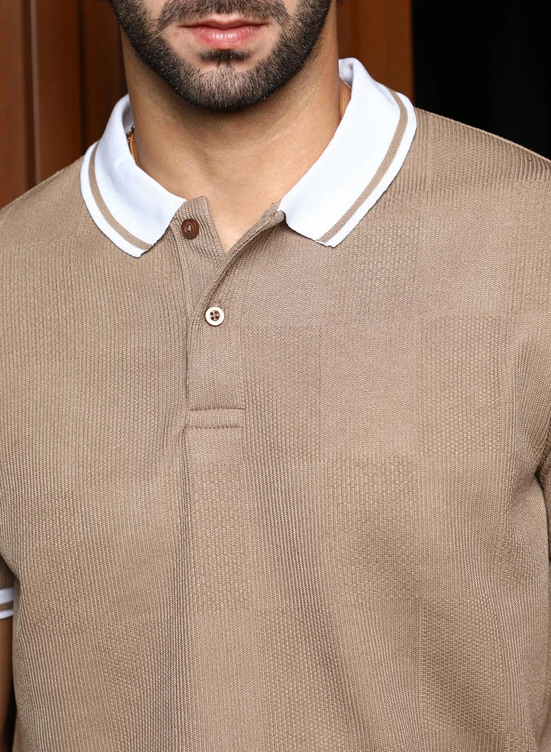 Campus Sutra Men's Sand Beige Cuboid-Stripe Polo T-Shirt