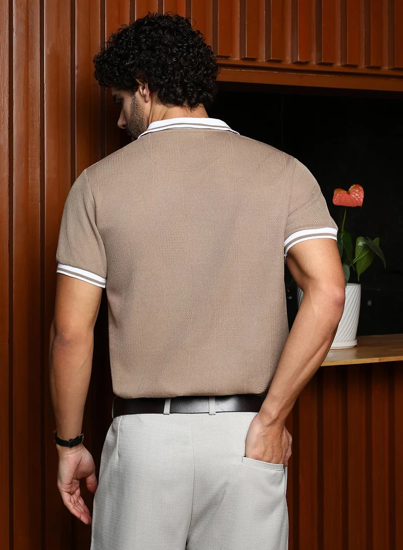 Campus Sutra Men's Sand Beige Cuboid-Stripe Polo T-Shirt