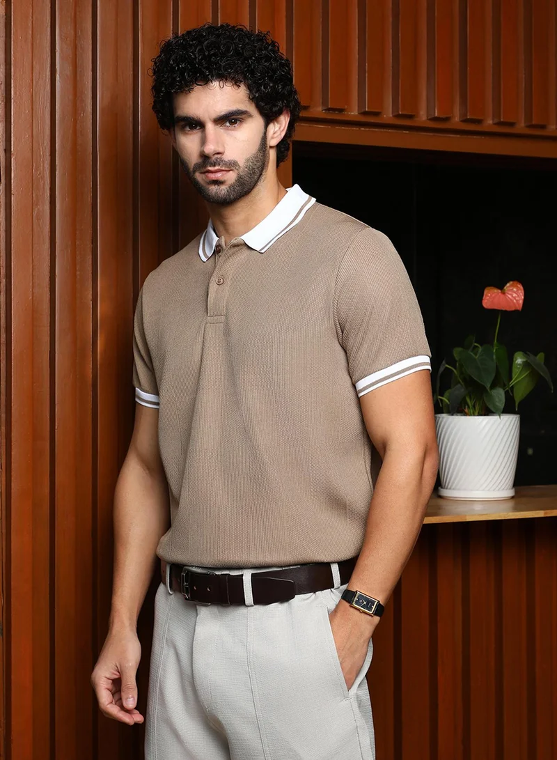 Campus Sutra Men's Sand Beige Cuboid-Stripe Polo T-Shirt