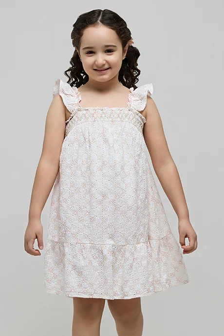 أر أند بي Schiffli Dress with Square Neck and Ruffle Sleeves