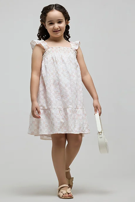 أر أند بي Schiffli Dress with Square Neck and Ruffle Sleeves